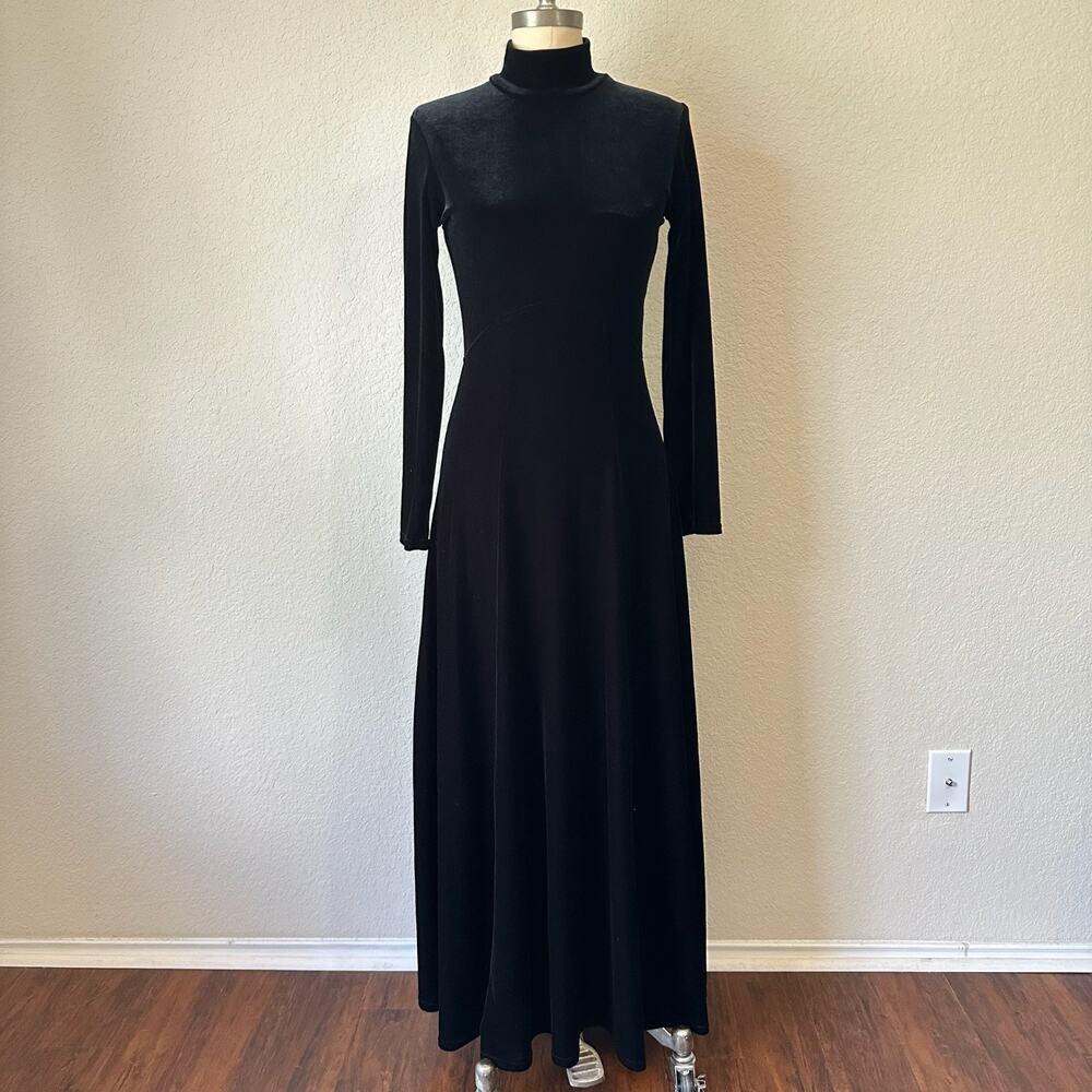 Vintage DOUBLE D RANCH WEAR Maxi Dress Black Velvet LS Western 90s